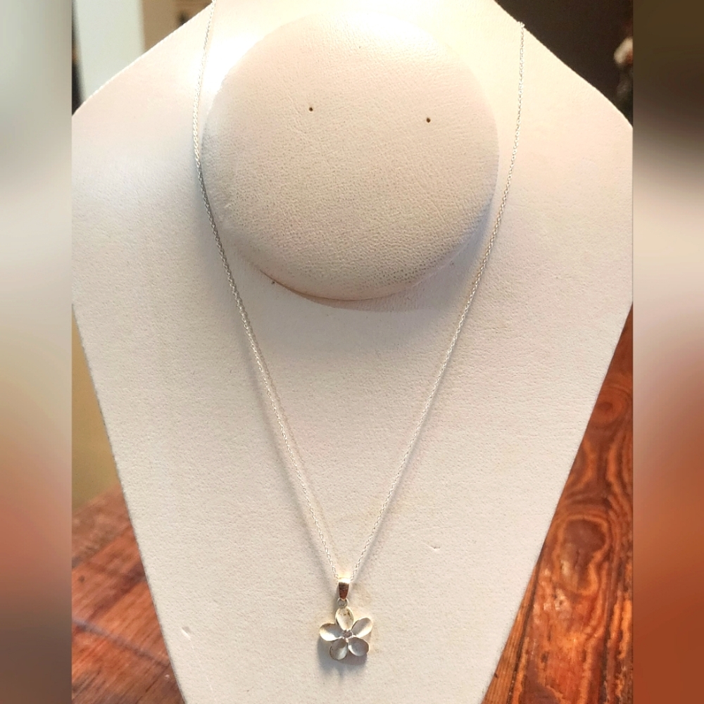 Sterling Silver‎ Plumeria Flower Pendant & Necklace Hawaii 925 18"